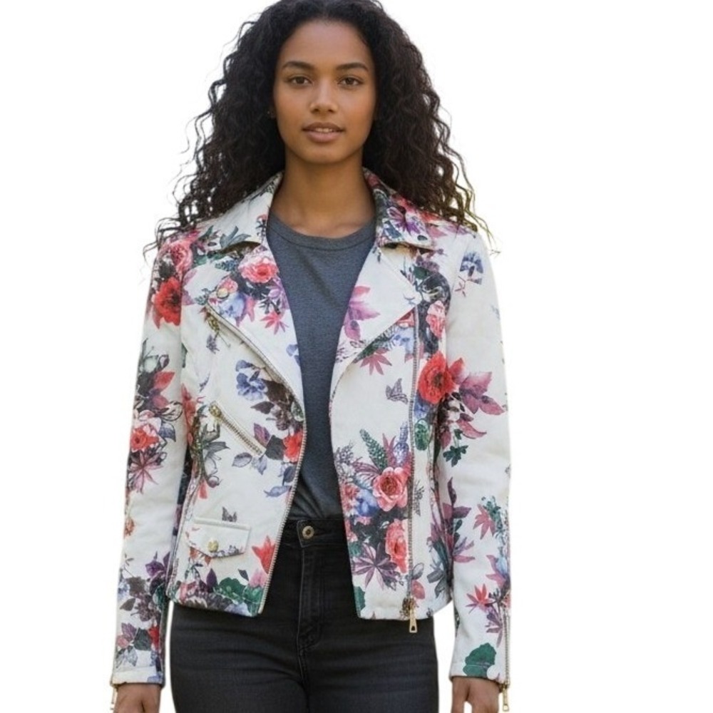 Guess Los Angeles Womens White Floral Faux Leather Moto Jacket Small